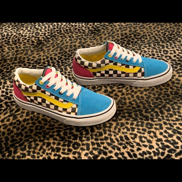 pink blue and yellow checkered vans